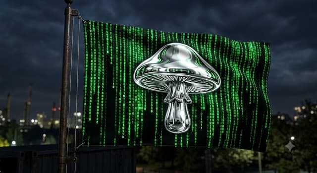 The flag of Spinkonia — a chrome mushroom over cascading green code