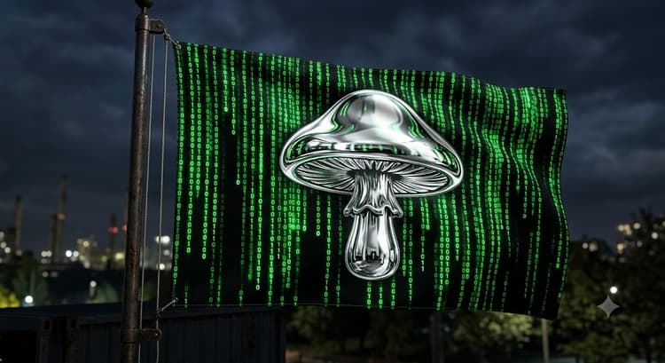 The flag of Spinkonia — a chrome mushroom over cascading green code