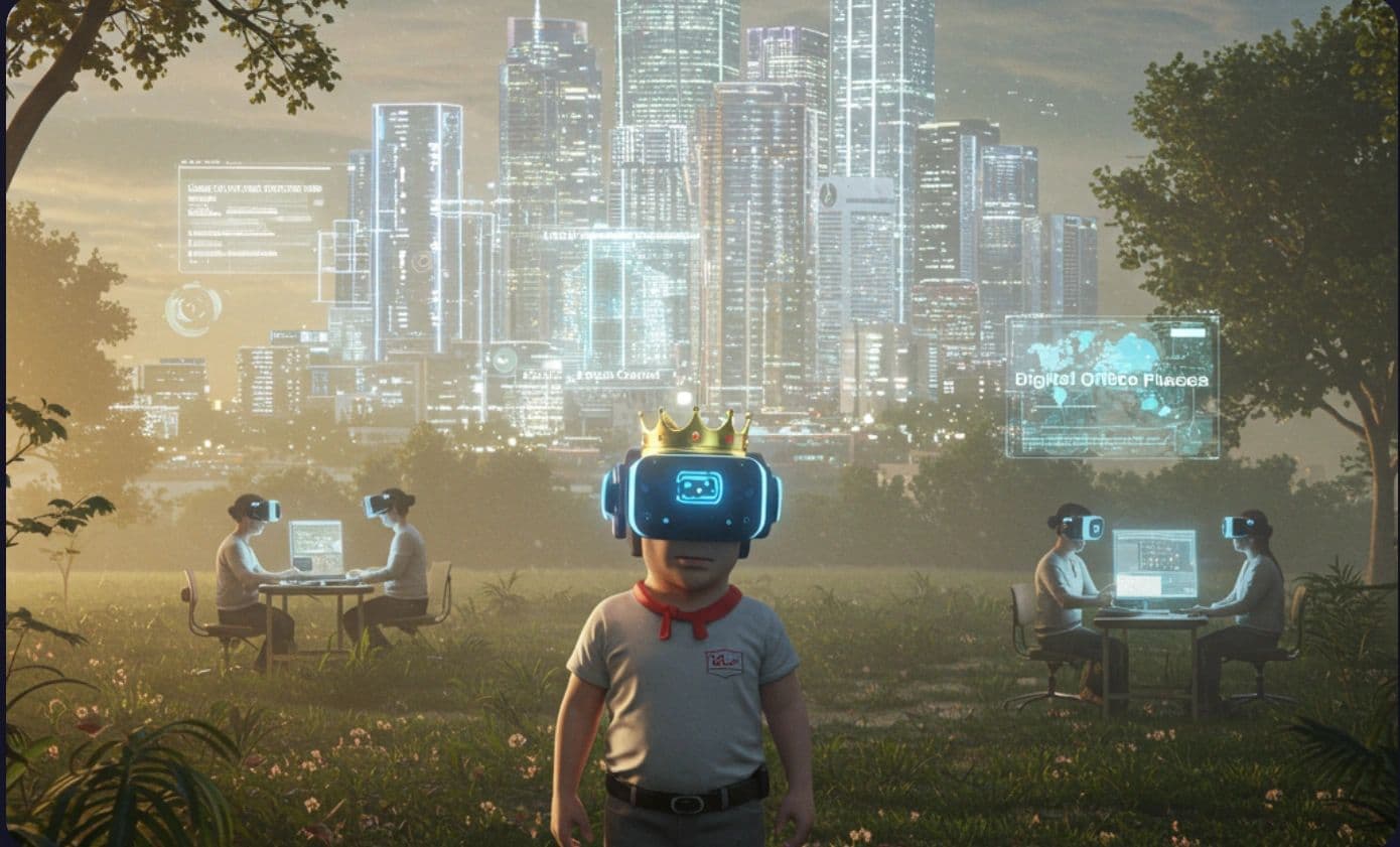 Child with VR headset and holographic city — Spinkonia